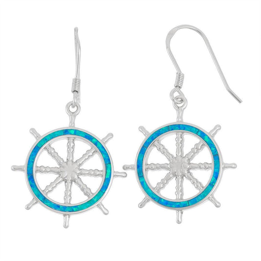 Sterling Silver Blue Inlay Opal Ship Wheel Earrings - Johnny Dang & Co