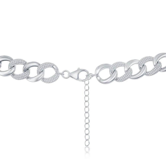 Sterling Silver Alternating Polished & Micro Pave CZ Solid Link Chain - Johnny Dang & Co