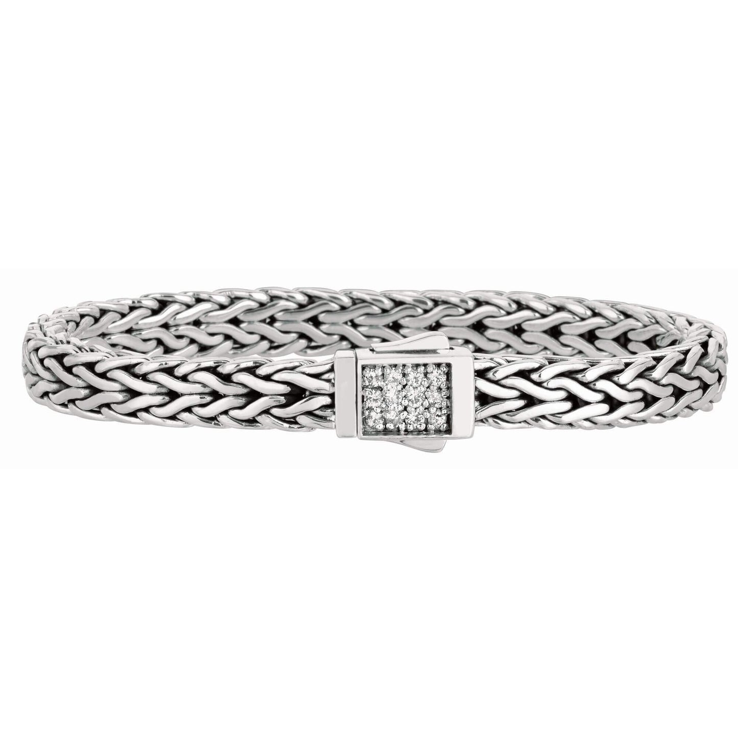 7mm Italian Sterling Silver Wide Wheat Patterned 8.25 inches Bracelet with White Sapphire Square Cluster at Clasp. Flash - Johnny Dang & Co