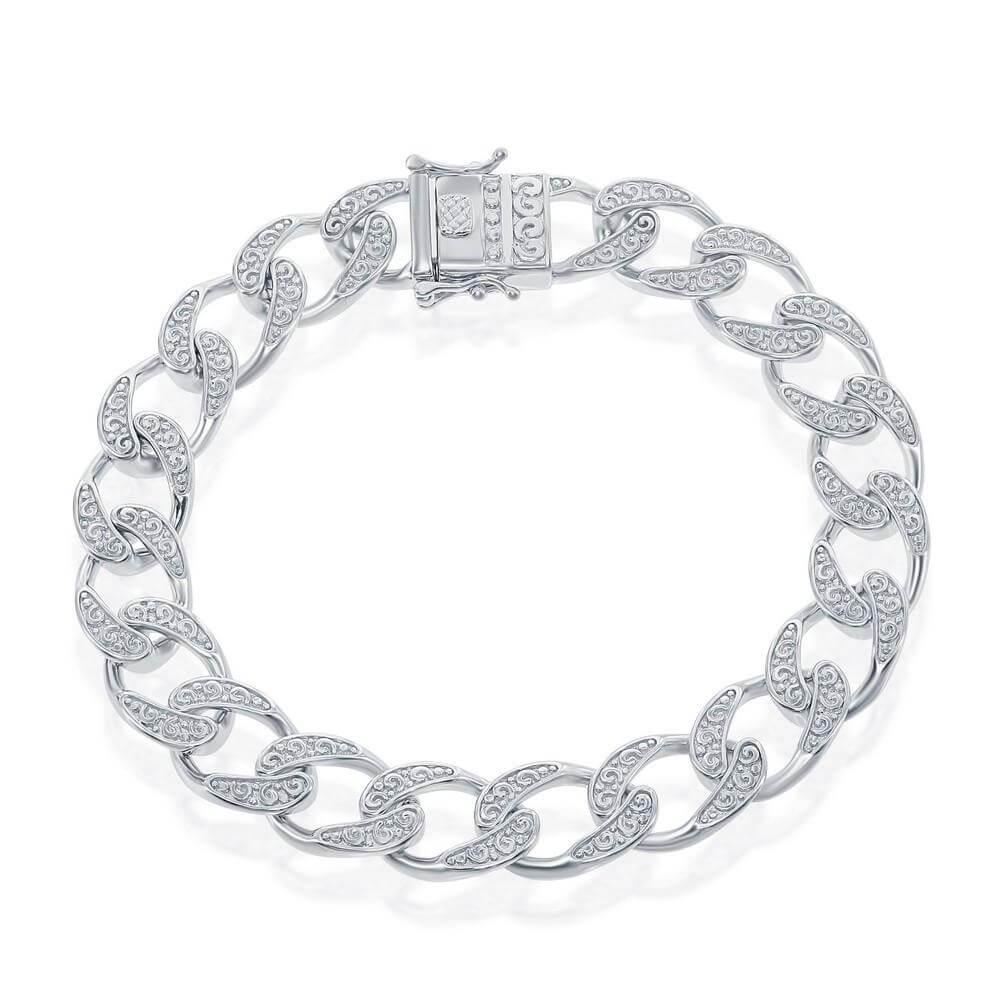 Sterling Silver 10mm Designed Cuban Bracelet - Johnny Dang & Co