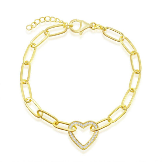 Sterling Silver CZ Heart Paperclip Bracelet - Gold Plated - Johnny Dang & Co