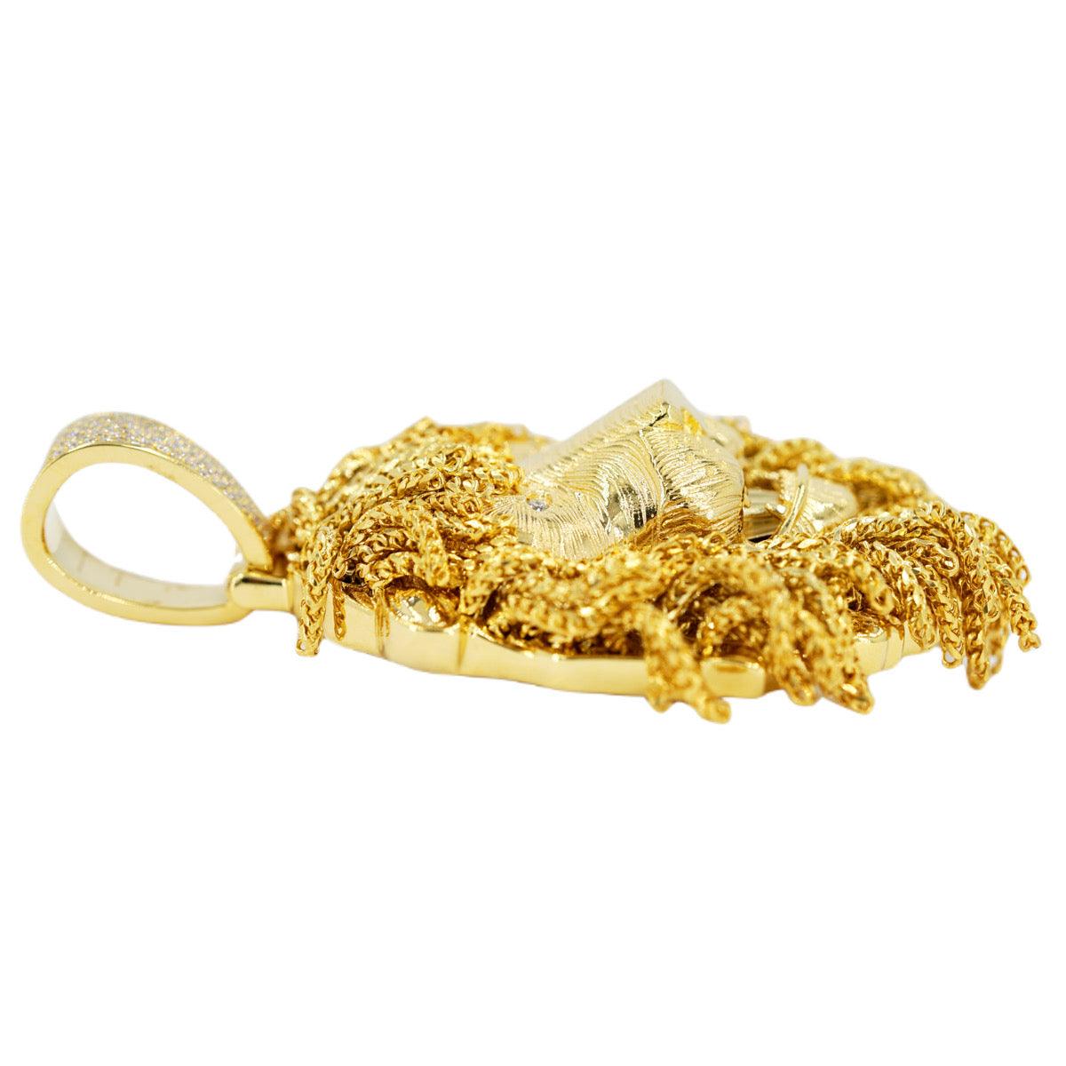 3D 10k Yellow Lion Head with Diamond Eyes and Franco Chain Mane Detailing Pendant 3.0" X 1.5" - Johnny Dang & Co