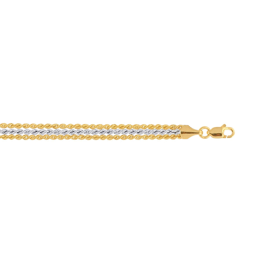 10K 7.25 inches Yellow+White Gold Triple Strand Rope Chain Ladies Fancy Bracelet with Lobster Clasp