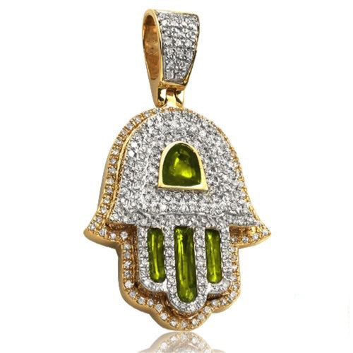 14KY 0.80CTW DIAMOND HAMZA PENDANT WITH GREEN