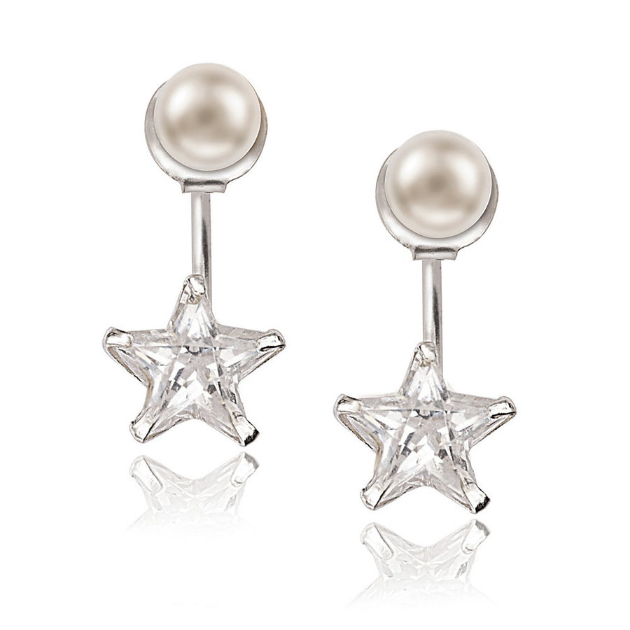 Sterling Silver 5mm Pearl Front with 9mm Star Shaped CZ Back Earrings