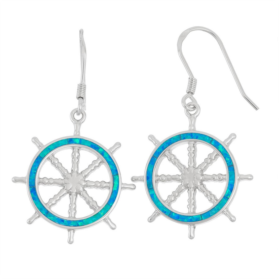 Sterling Silver Blue Inlay Opal Ship Wheel Earrings