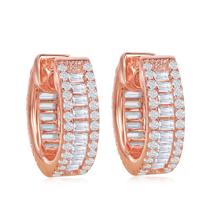 Sterling Silver Baguette CZ Small Hoop Earrings - Rose Gold Plated