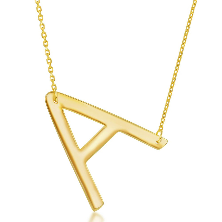 Sterling Silver (35MM) Large Sideways 'A through Z' Initial Necklace - Gold Plate