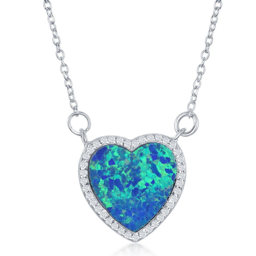 Sterling Silver Inlay Opal Heart with CZ Border Necklace
