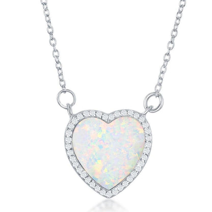 Sterling Silver Inlay Opal Heart with CZ Border Necklace - Johnny Dang & Co