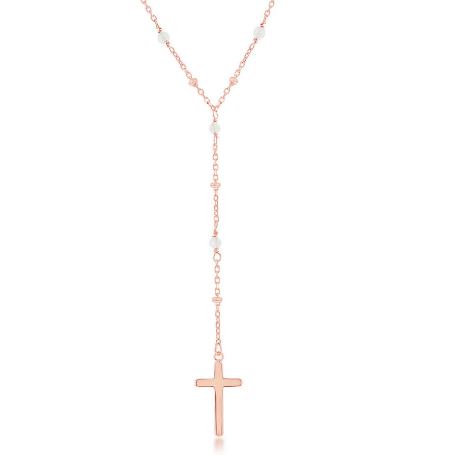 Sterling Silver Rose Quartz & Plain Beads by the Yard Cross Rosary Necklace - Rose Gold Plated