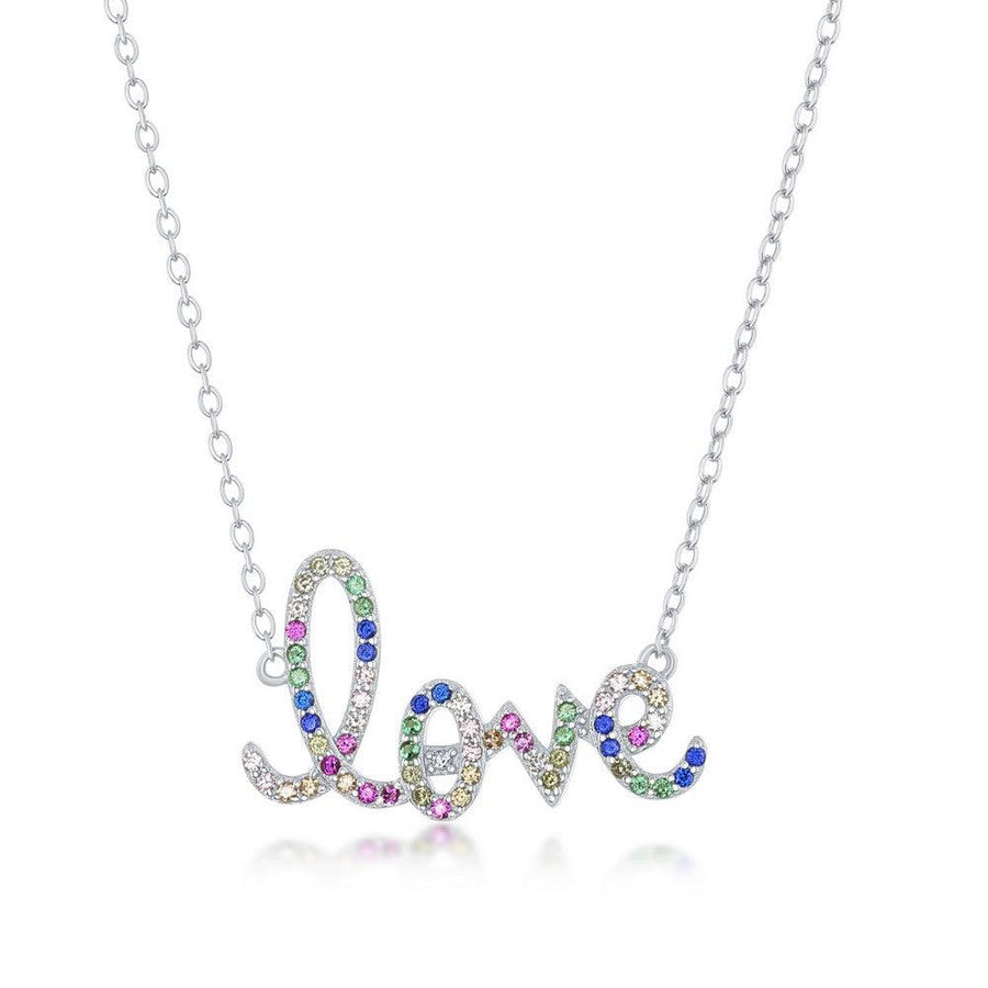 Sterling Silver Rainbow CZ Love Script Necklace - Johnny Dang & Co