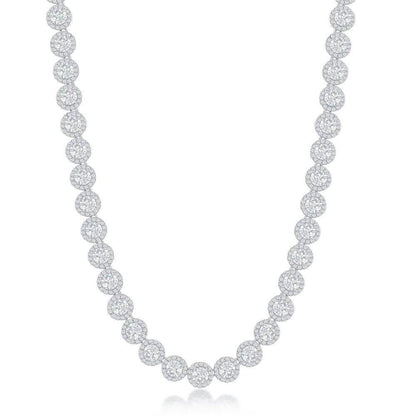 Sterling Silver Round Halo Cubic Zirconia Tennis Necklace - Johnny Dang & Co
