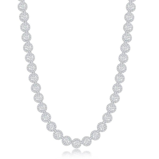 Sterling Silver Round Halo Cubic Zirconia Tennis Necklace - Johnny Dang & Co
