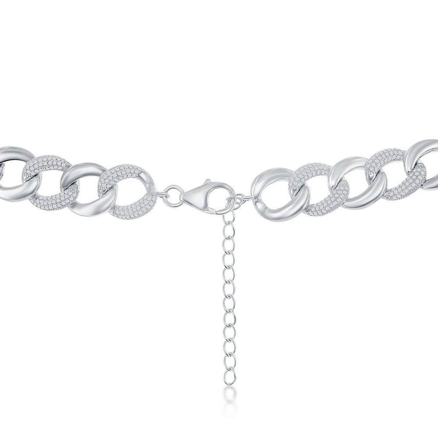 Sterling Silver Alternating Polished & Micro Pave CZ Solid Link Chain - Johnny Dang & Co