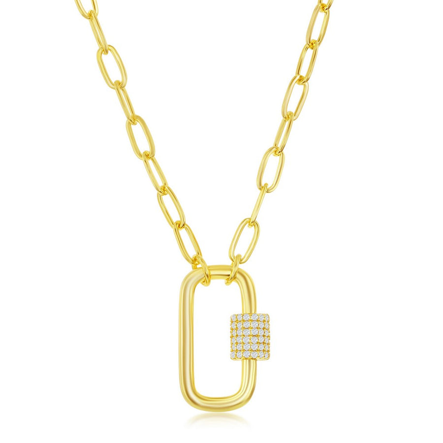 Sterling Silver Micro Pave CZ Oval Carabiner Paperclip Necklace - Gold Plated