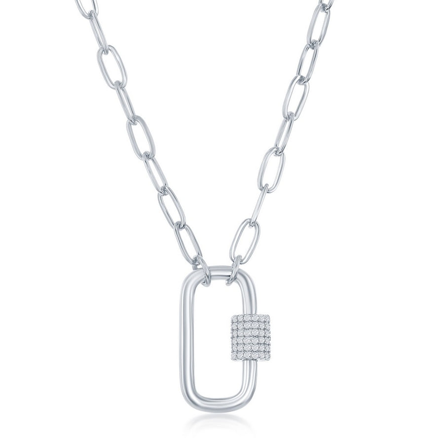 Sterling Silver Micro Pave CZ Oval Carabiner Paperclip Necklace