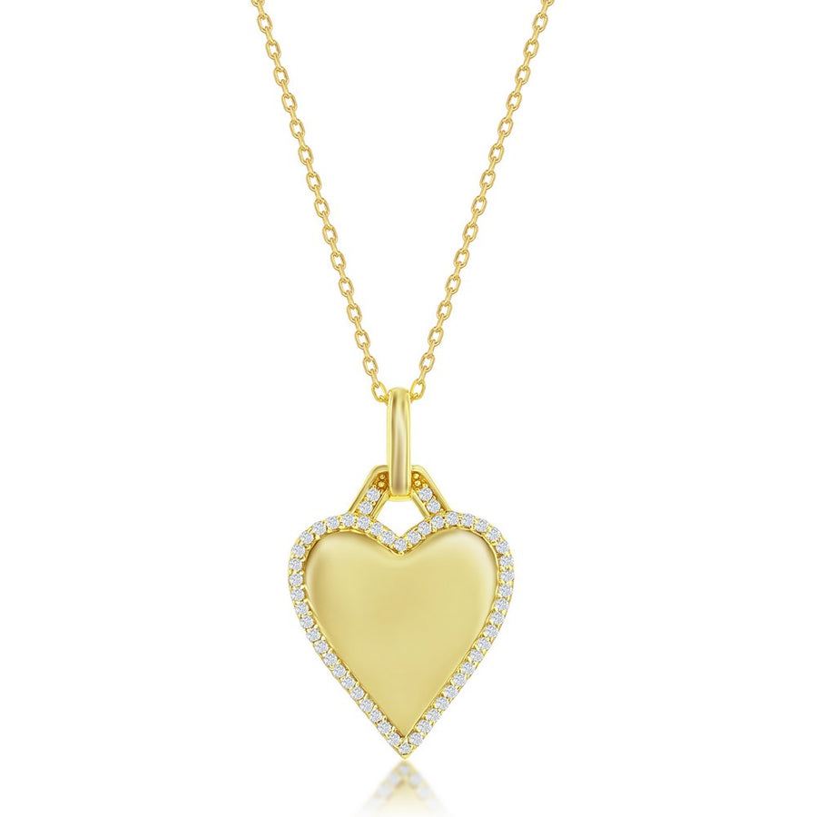 Sterling Silver Polished Heart CZ Border Necklace - Gold Plated