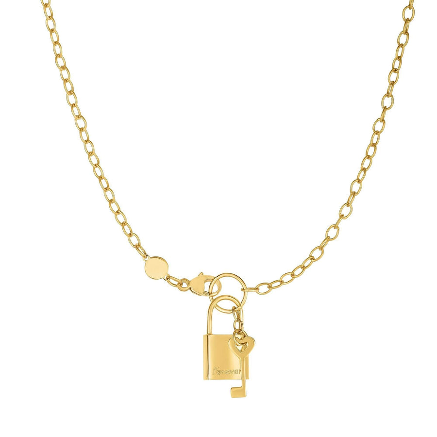 14kt Gold 18 inches Yellow Finish Chain:3+Element:9x18mm Shiny Lock+Key Necklace with Lobster Clasp