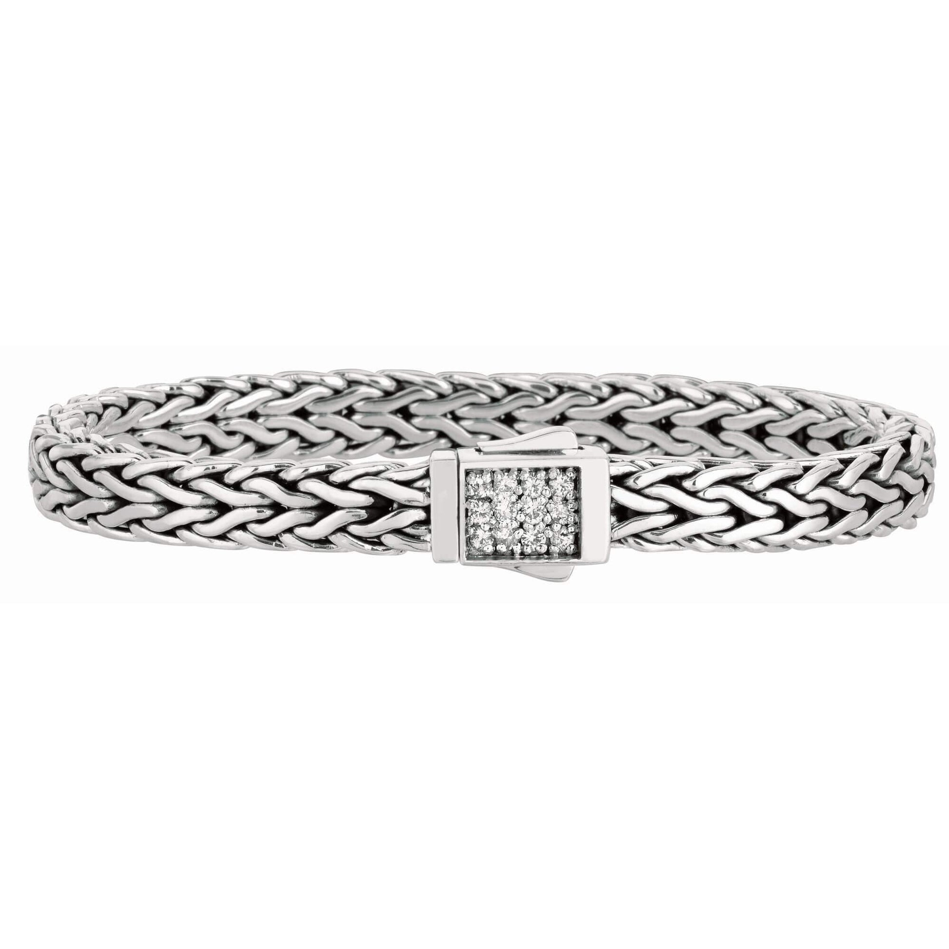 7mm Italian Sterling Silver Wide Wheat Patterned 8.25 inches Bracelet with White Sapphire Square Cluster at Clasp. Flash - Johnny Dang & Co