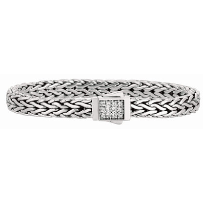 7mm Italian Sterling Silver Wide Wheat Patterned 8.25 inches Bracelet with White Sapphire Square Cluster at Clasp. Flash - Johnny Dang & Co