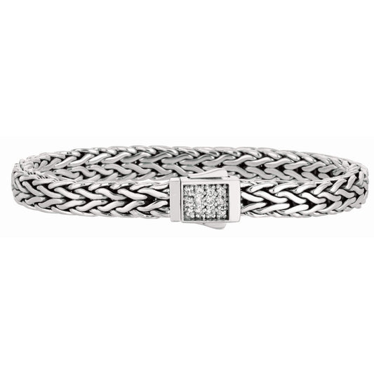7mm Italian Sterling Silver Wide Wheat Patterned 8.25 inches Bracelet with White Sapphire Square Cluster at Clasp. Flash - Johnny Dang & Co