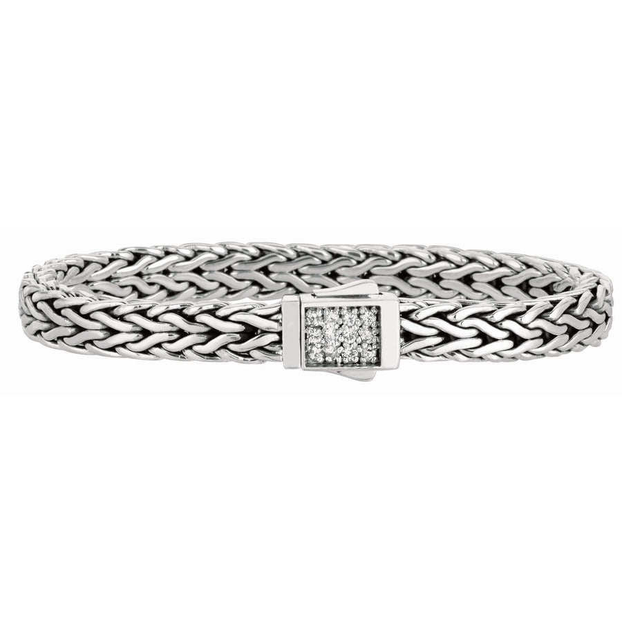 7mm Italian Sterling Silver Wide Wheat Patterned 8.25 inches Bracelet with White Sapphire Square Cluster at Clasp. Flash