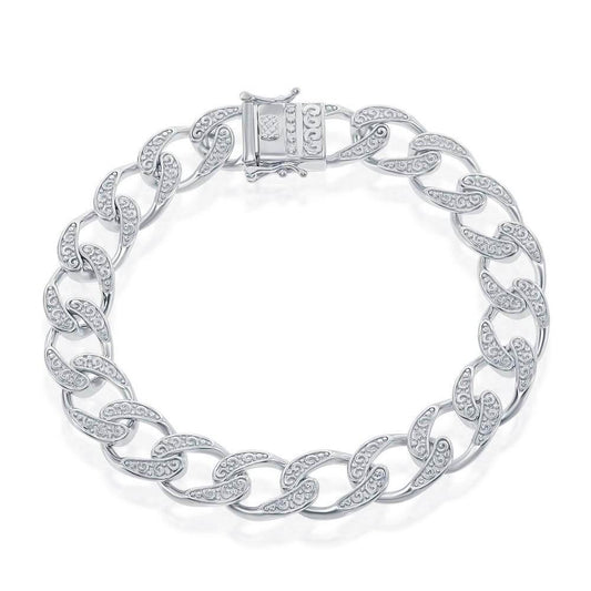 Sterling Silver 10mm Designed Cuban Bracelet - Johnny Dang & Co