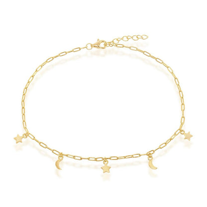 Sterling Silver Moon & Star Charms Paperclip Anklet - Gold Plated - Johnny Dang & Co
