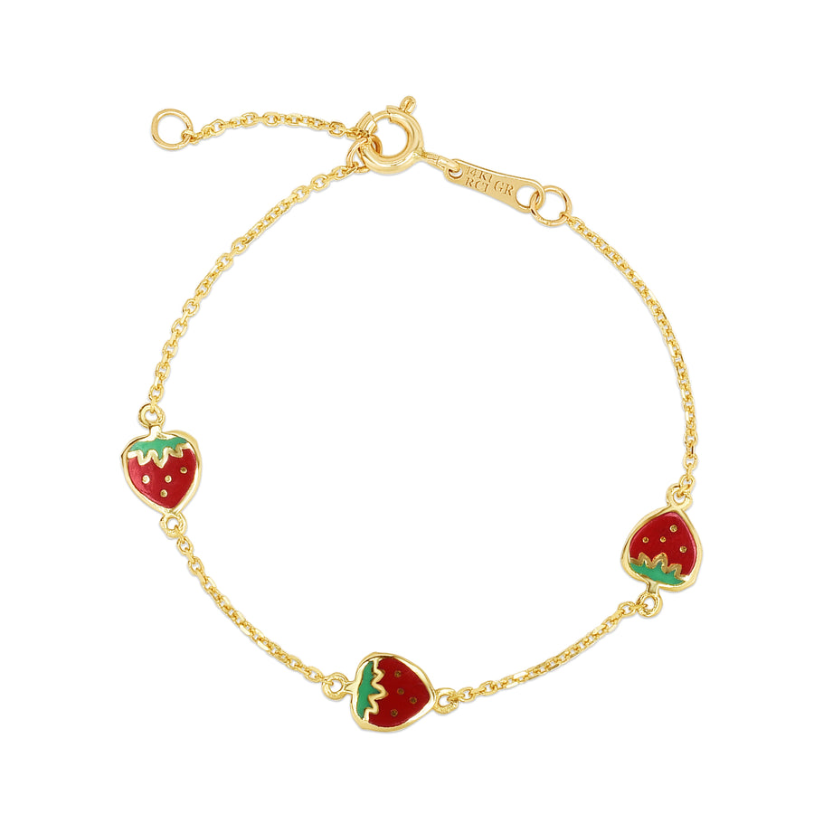 Kids 14K Gold Enamel Strawberry Bracelet