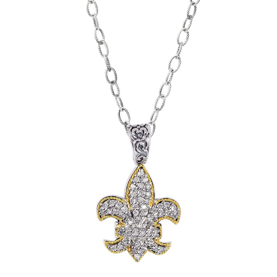 0.45Ct. Diamond18Kt Yellow Gold+Sterling Silver Fleur De Lis P Endant On 18 inches Rhodium Finish Link Chain.  inchesFleur-De-Lis inches Collecti On.