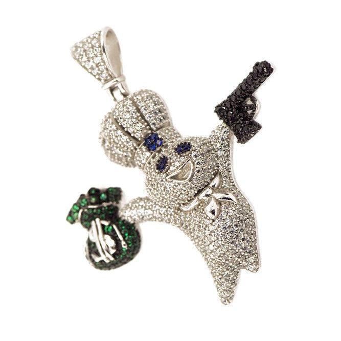 NEW STERLING SILVER CZ DOUGHBOY PENDANT-White Gold Plating with Gun - Johnny Dang & Co