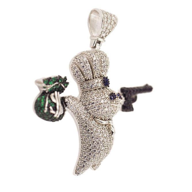 NEW STERLING SILVER CZ DOUGHBOY PENDANT-White Gold Plating with Gun - Johnny Dang & Co