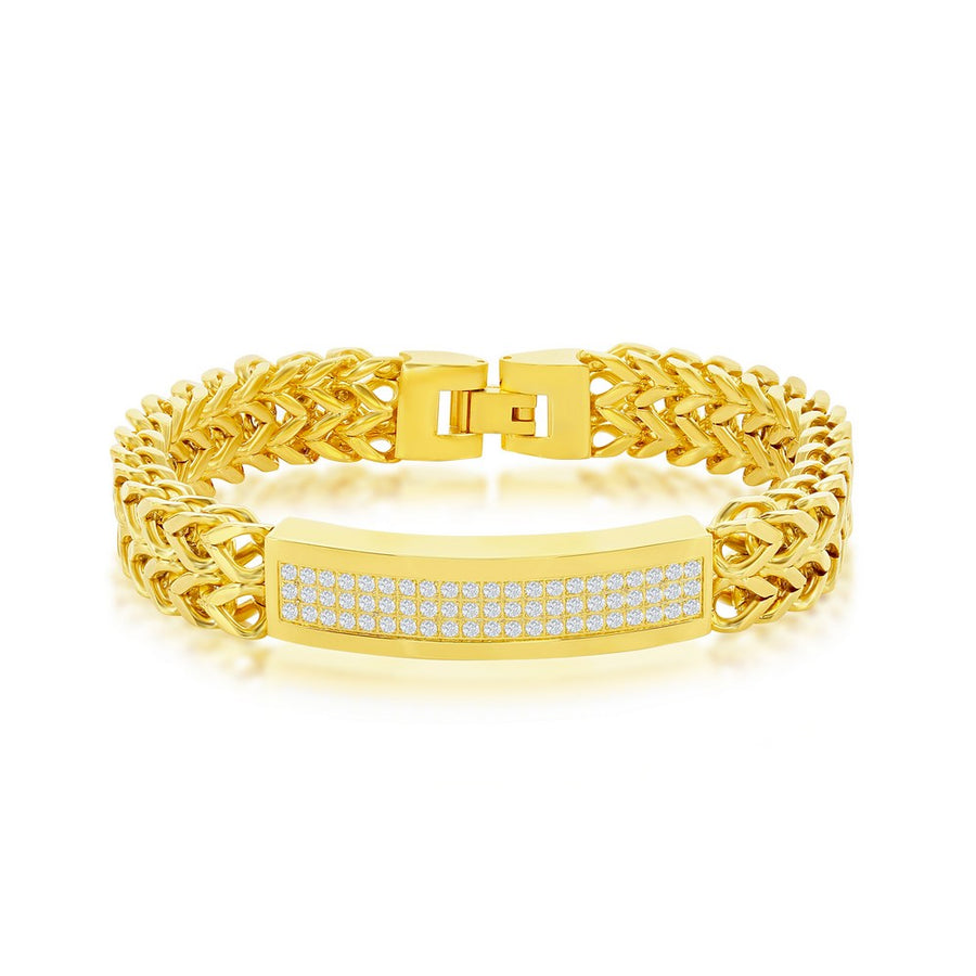 Stainless Steel Triple Row CZ ID Double Franco Bracelet - Gold Plated