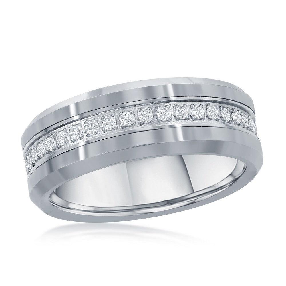 Polished Silver CZ Eternity Tungsten Band Ring - Johnny Dang & Co