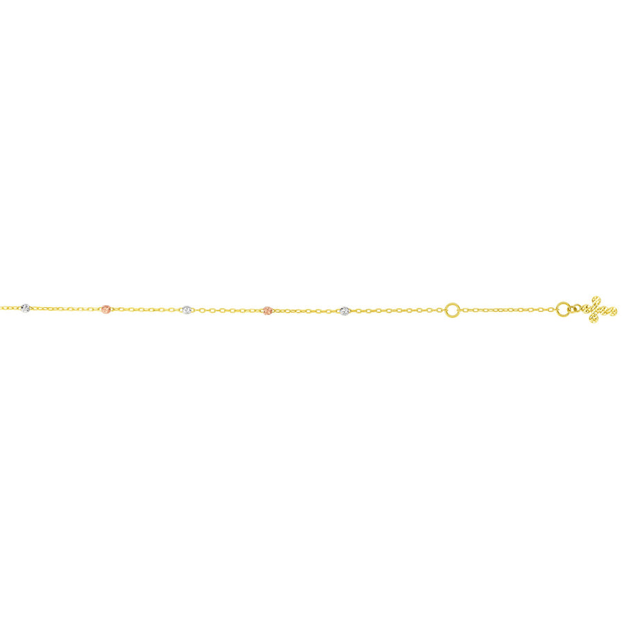 14K Tri-color Gold Diamond Cut Dangle Cross Anklet