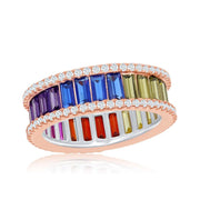 Sterling Silver Rainbow Baguette CZ Band Ring - Rose Gold Plated - Johnny Dang & Co
