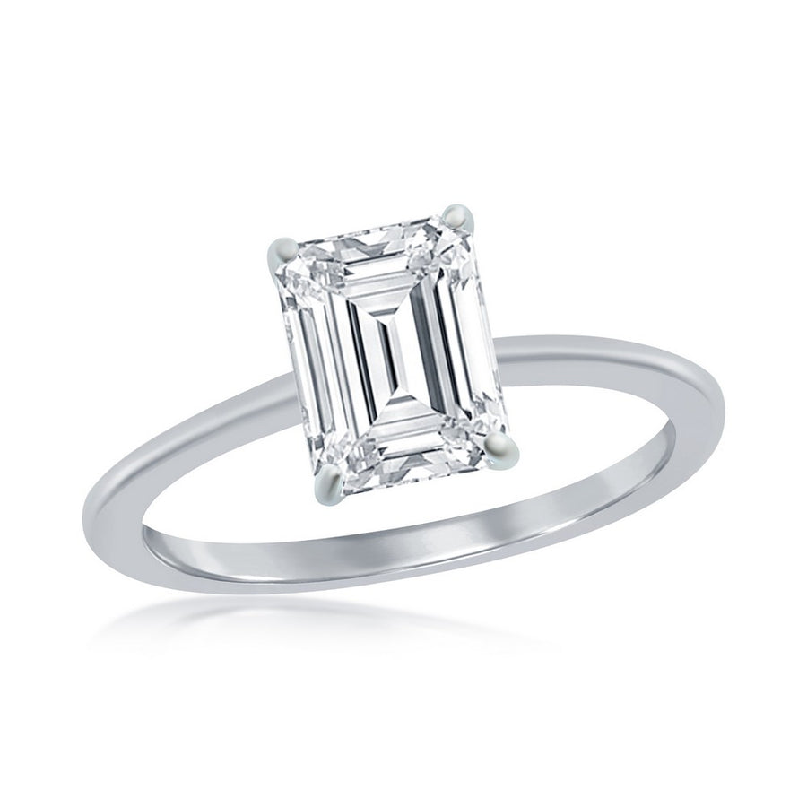 Sterling Silver Four-Prong 8mm CZ Emerald-Cut Engagement Ring. Size 6,7,8,9