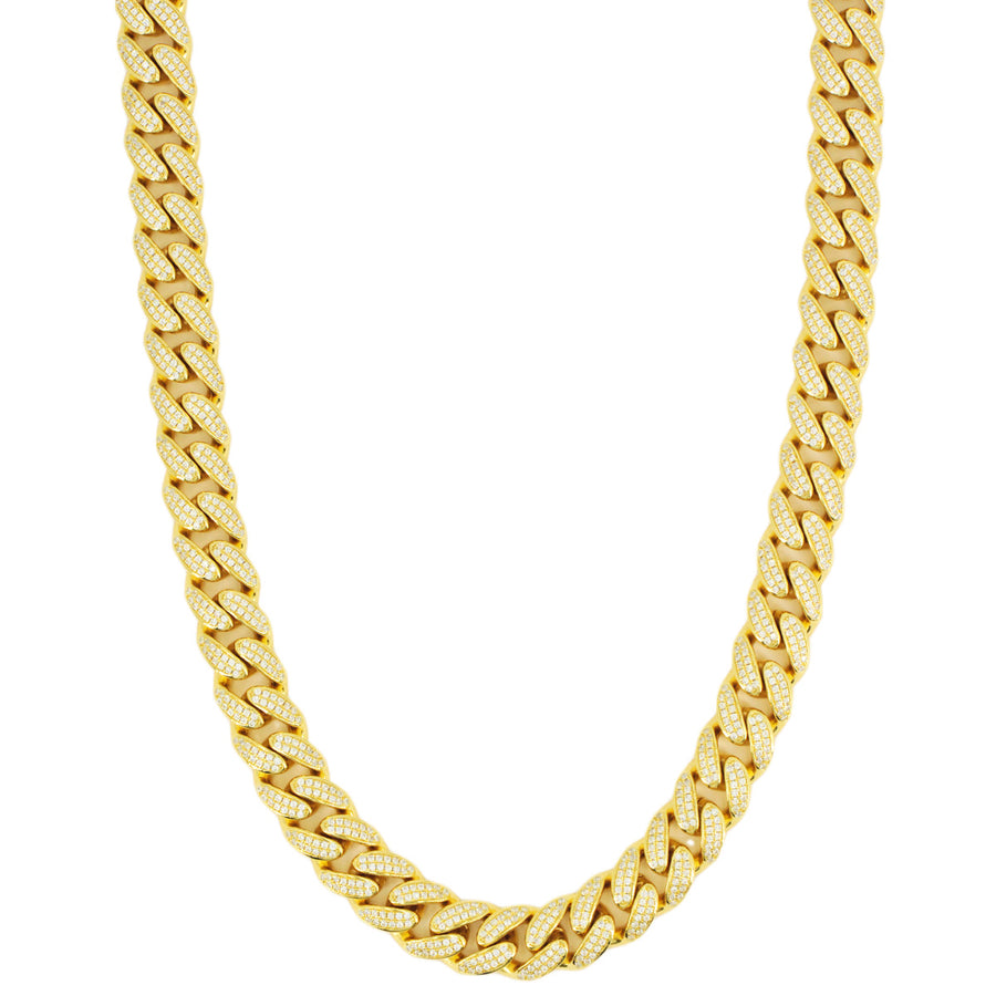 12mm Silver and CZ Solid Cuban Chain 22” - Gold Plated