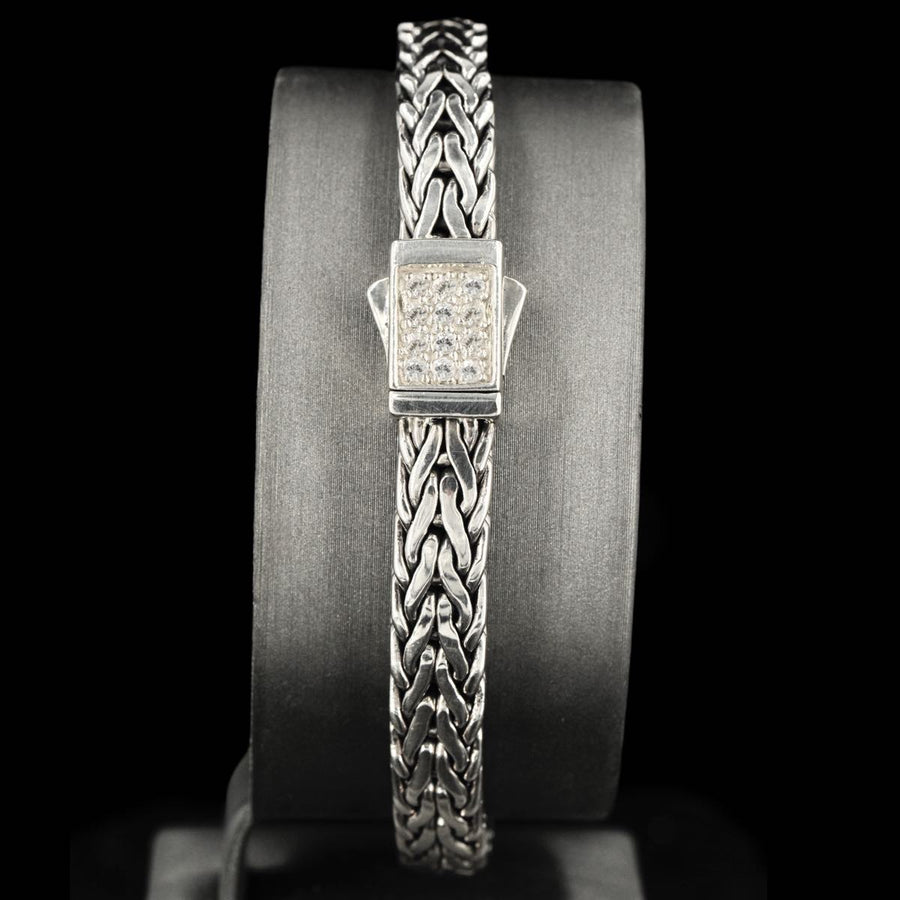7mm Italian Sterling Silver Wide Wheat Patterned 8.25 inches Bracelet with White Sapphire Square Cluster at Clasp. Flash