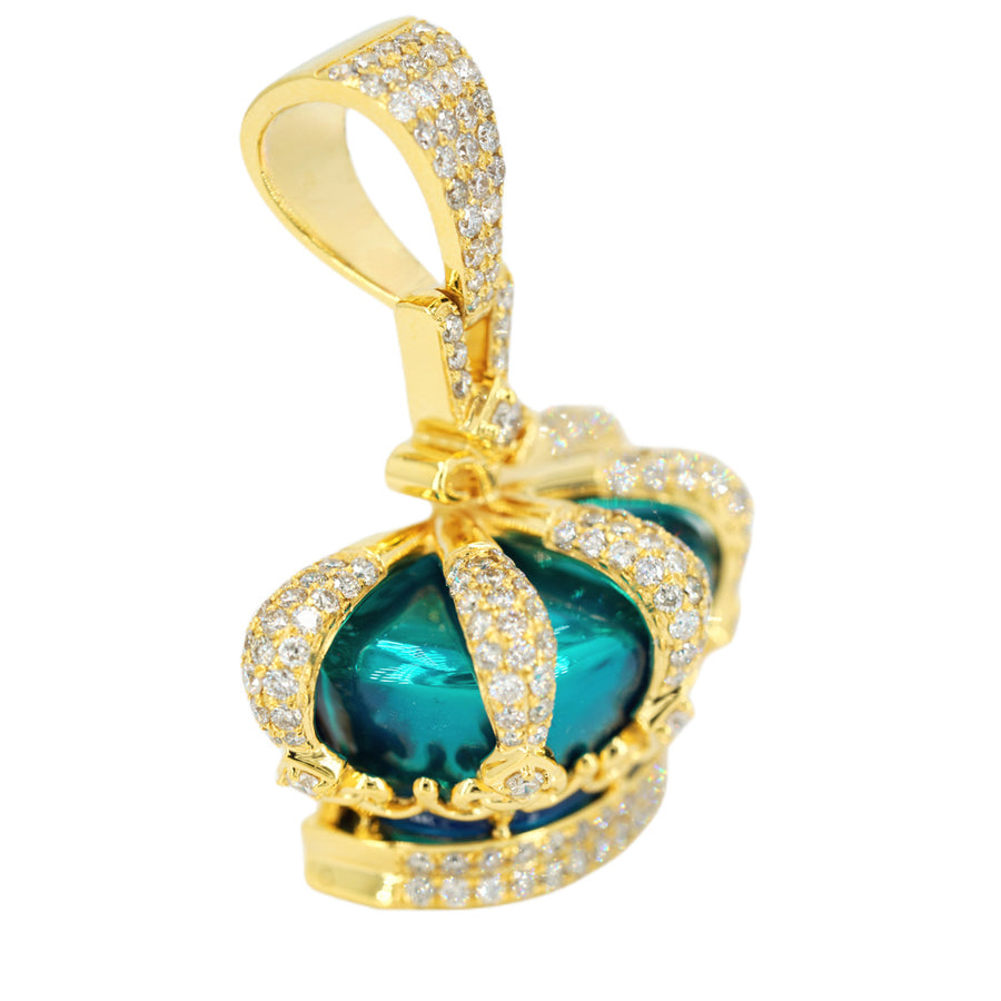 10k Large 2.85CTW Diamonds and  Pearly Blue Green Enamel 3D Crown Pendant