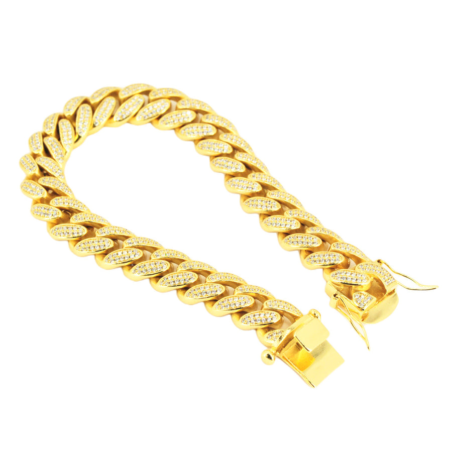 12mm Silver and CZ Solid Cuban Bracelet 8.5” - Gold Plated