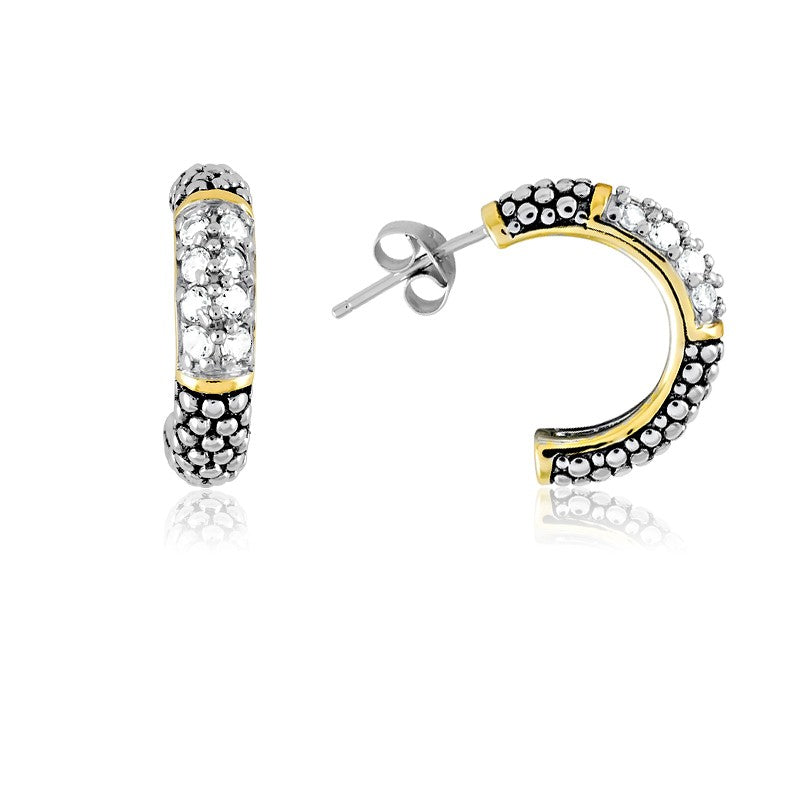 Sterling Silver TT CZ and Beads Half-Circle Hoop Earrings