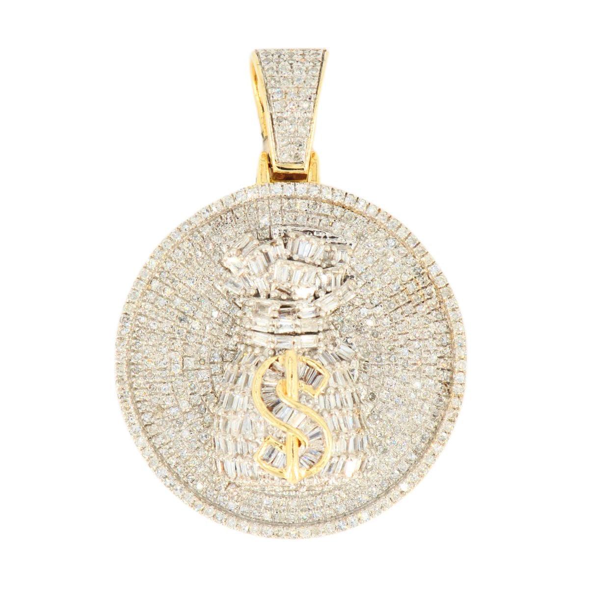 10k Yellow Gold Baguette and Round Diamond Money Bag Medallion - Johnny Dang & Co