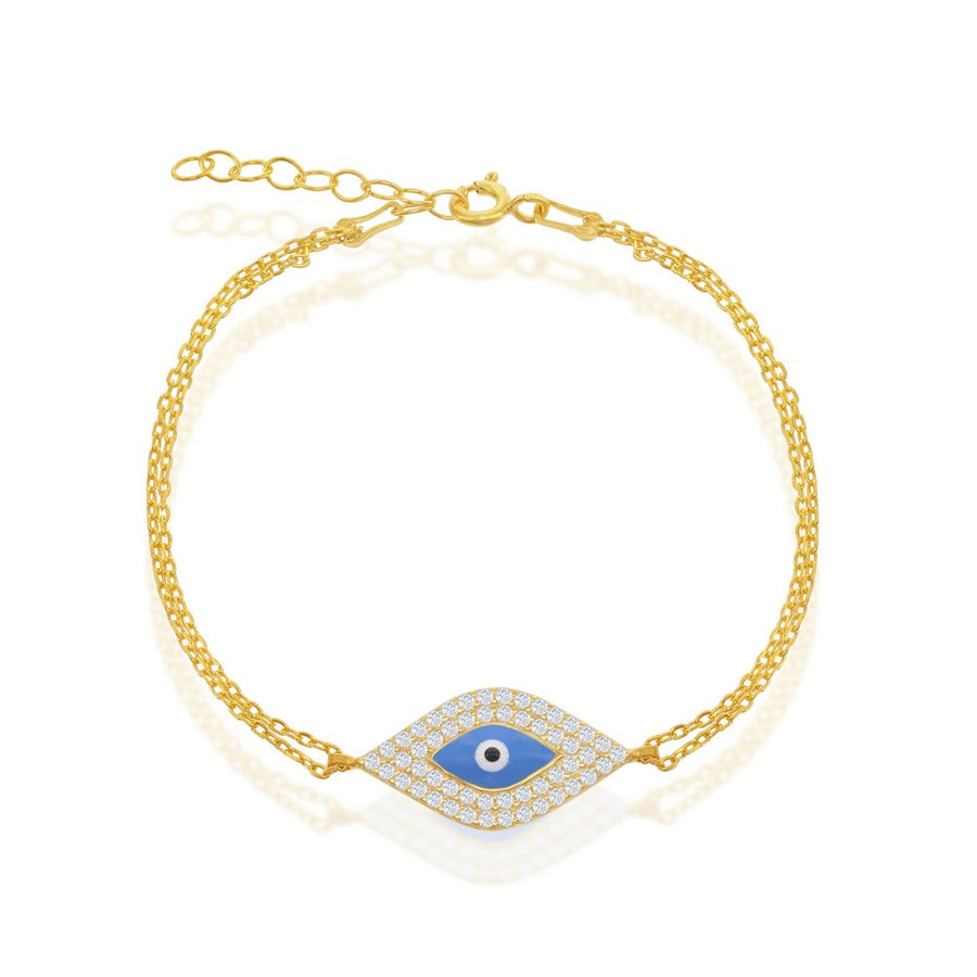 Sterling Silver Double-Strand With  Center CZ and Evil Eye Bracelet - Gold Plated