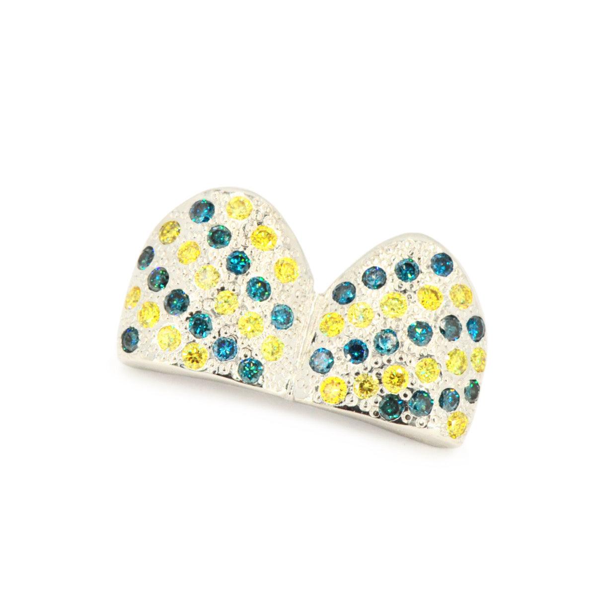 2 Top or 2 Bottom Blue and Yellow Diamond Grillz [S7035] - Johnny Dang & Co
