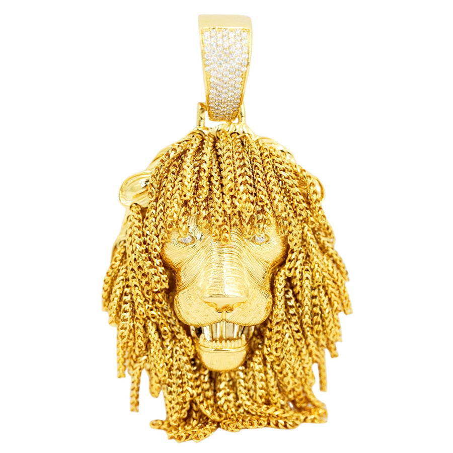 3D 10k Yellow Lion Head with Diamond Eyes and Franco Chain Mane Detailing Pendant 3.0
