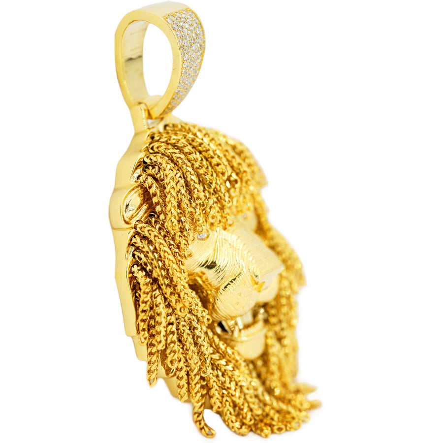 3D 10k Yellow Lion Head with Diamond Eyes and Franco Chain Mane Detailing Pendant 3.0