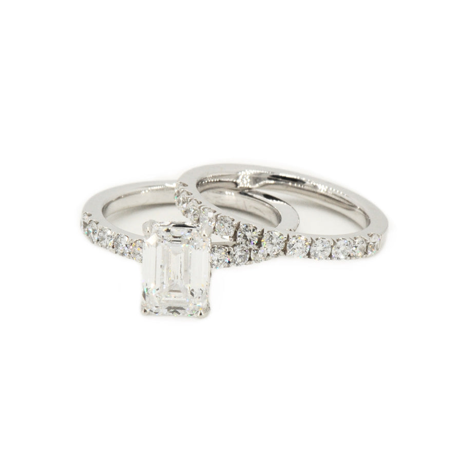 Custom 2 Carat VVS Emerald Cut Engagement Ring and Wedding Band 18k Gold Set