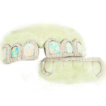 6 Top and 6 Bottom Opal & Diamond Prong Setting with Extended Diamond Bar Grillz - Johnny Dang & Co